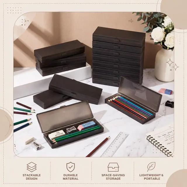 Alt view image 6 of 6 - 80 Pieces Back to School Plastic Pencil Boxes Pencil Case Bulk Frosted Clear Multi Colored Pens Holder Stackable Container with Lid & Snap for Stationery Office Classroom(Black)