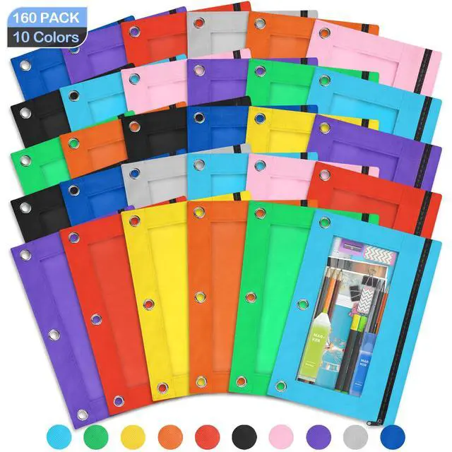 Alt view image 2 of 6 - 160 Pack Pencil Pouch for 3 Ring Binder,10 Colors Pencil Pouch | Clear Window Pencil Pouches for Classroom Bulk,Pencil Bags with Smooth Zipper,Binder Pencil Case,School and Office Supplies