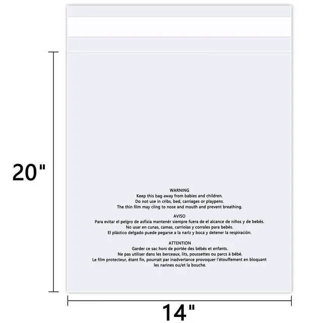 Alt view image 2 of 6 - 14" x 20" (500 Count) - Clear Poly Bags with Suffocation Warning Self Seal for Packaging, Shirts, Clothing & FBA - Permanent Adhesive