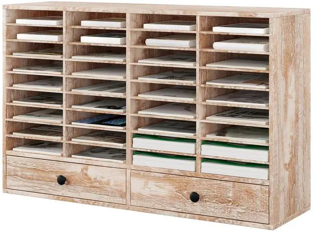 Main image of TQAVI Wood Classroom Mailbox 36 Compartments with 2 Drawer, Large Paper Organizer with Adjustable Shelves to Sorting Literature Bill, A4 Size File Organizer for Office School Home, Retro White