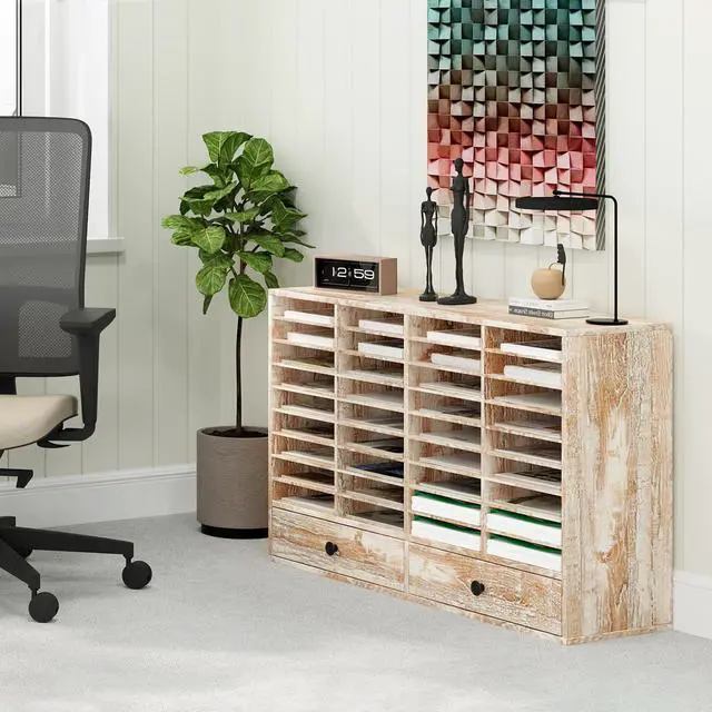 Alt view image 2 of 6 - TQAVI Wood Classroom Mailbox 36 Compartments with 2 Drawer, Large Paper Organizer with Adjustable Shelves to Sorting Literature Bill, A4 Size File Organizer for Office School Home, Retro White