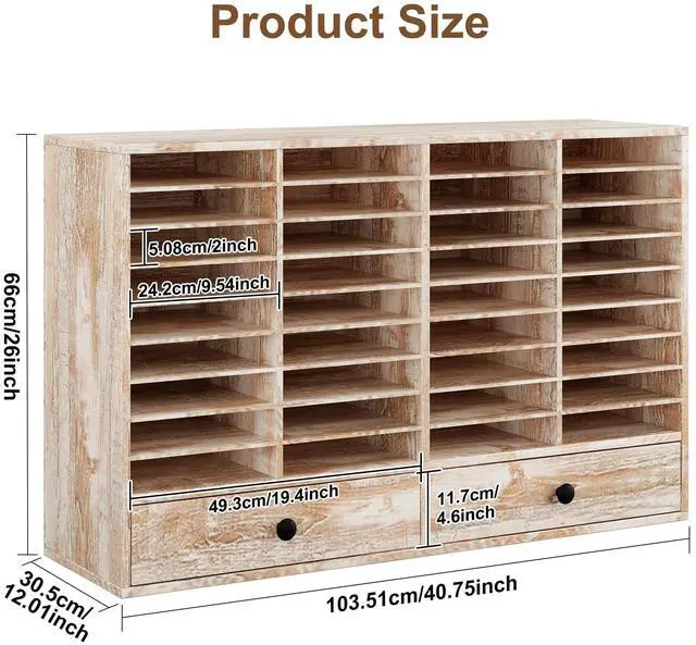 Alt view image 3 of 6 - TQAVI Wood Classroom Mailbox 36 Compartments with 2 Drawer, Large Paper Organizer with Adjustable Shelves to Sorting Literature Bill, A4 Size File Organizer for Office School Home, Retro White