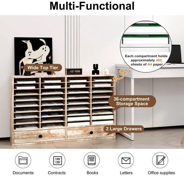 Alt view image 5 of 6 - TQAVI Wood Classroom Mailbox 36 Compartments with 2 Drawer, Large Paper Organizer with Adjustable Shelves to Sorting Literature Bill, A4 Size File Organizer for Office School Home, Retro White