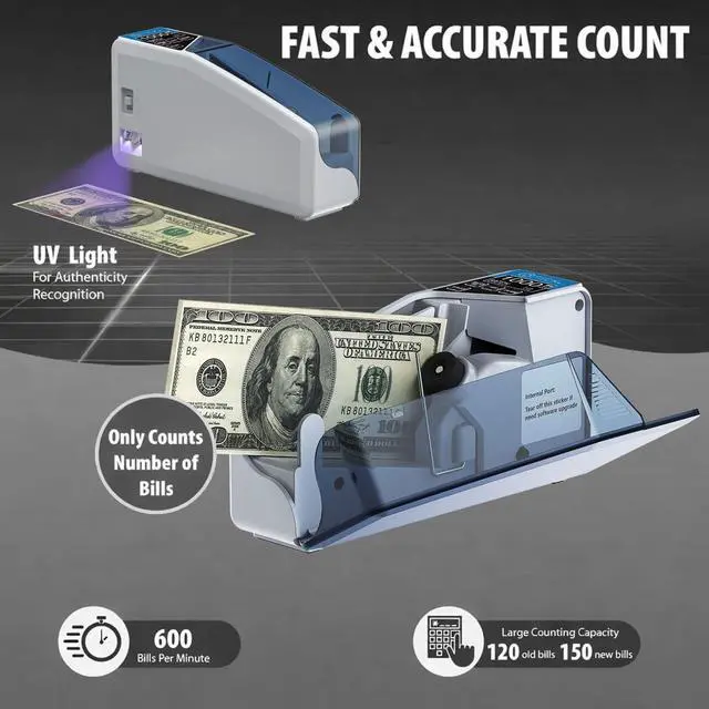 Alt view image 2 of 6 - DT5S Portable Money Counter Machine with Counterfeit Detection UV/WM - Handy Currency Counting Quantity of Bills only, for Small Cash Counting Machine