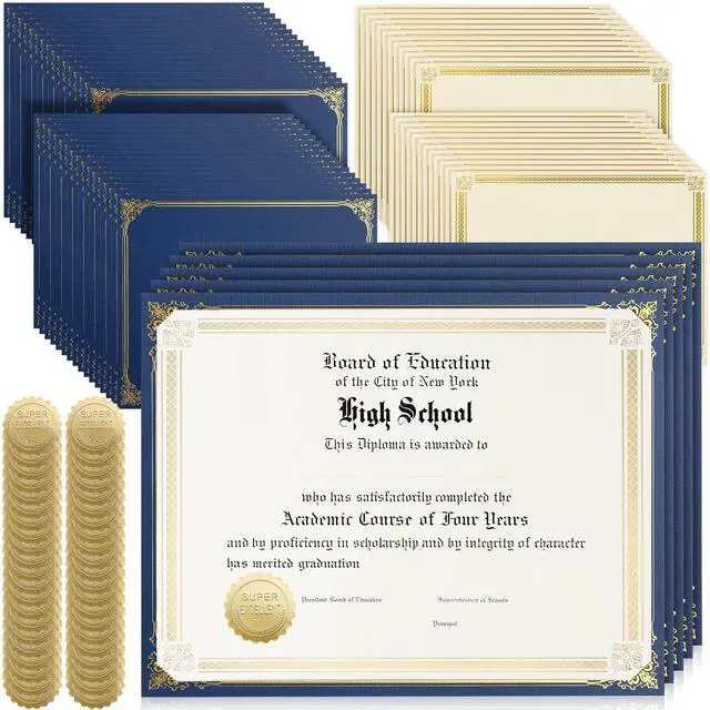 Main image of 300 Pcs Linen Certificate Holders Kit 100 Gold Foil Certificate Paper 100 Single Sided Linen Diploma Holders 8.5'' x 11'' 100 Gold Foil Award Seals Sticker for Award Accomplishment(Blue)