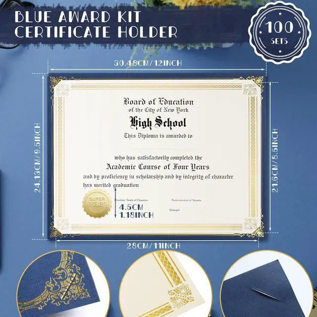 Alt view image 2 of 6 - 300 Pcs Linen Certificate Holders Kit 100 Gold Foil Certificate Paper 100 Single Sided Linen Diploma Holders 8.5'' x 11'' 100 Gold Foil Award Seals Sticker for Award Accomplishment(Blue)