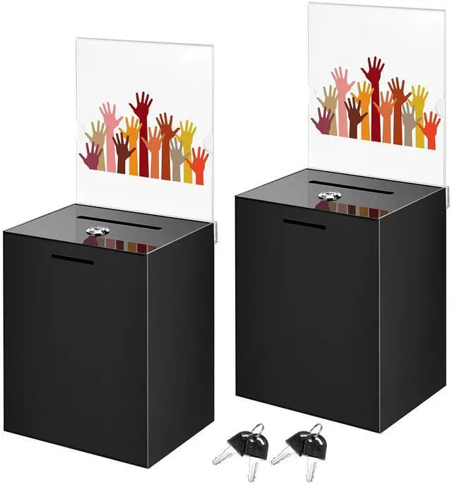 Main image of 2 Pack Acrylic Suggestion Donation Boxs, 8.27 x 6.69 x 5 Inch Large Safe Ballot Box with Lock and Sign Holder for Voting Charity Business Cards Collection Display Ticket Comment (Black)