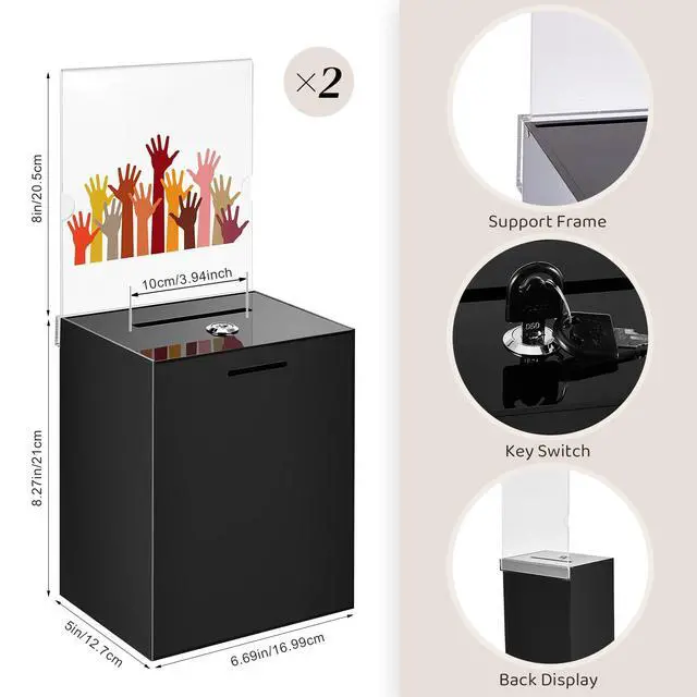 Alt view image 2 of 6 - 2 Pack Acrylic Suggestion Donation Boxs, 8.27 x 6.69 x 5 Inch Large Safe Ballot Box with Lock and Sign Holder for Voting Charity Business Cards Collection Display Ticket Comment (Black)