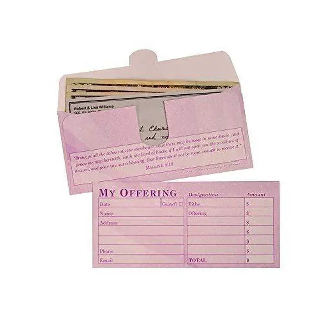 Alt view image 2 of 5 - Church Offering/Tithe Donation Envelopes, Simple Design, Easy-Open Tab, Blank Designation Lines, Fits Bills & Checks, Visitor Card/Information Form, Malachi 3:10 KJV Verse - Purple - Box of 500