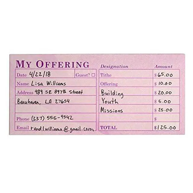 Alt view image 3 of 5 - Church Offering/Tithe Donation Envelopes, Simple Design, Easy-Open Tab, Blank Designation Lines, Fits Bills & Checks, Visitor Card/Information Form, Malachi 3:10 KJV Verse - Purple - Box of 500