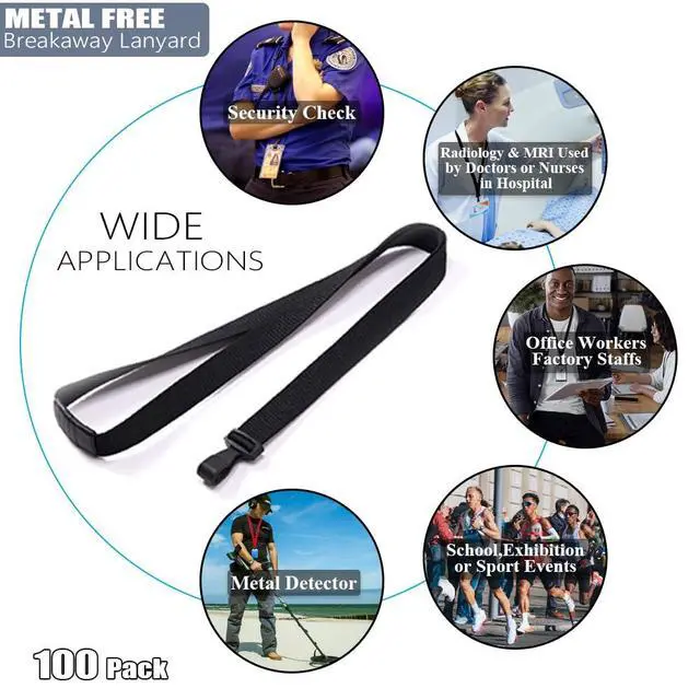 Alt view image 5 of 6 - Bulk 100 Pack Polyester Breakaway Lanyards, Black, 18" Vertical | Safety Breakaway Clasp, No Twist Plastic Clip, MRI Safe Neck Strap I.D. Badge Holders for Radiology, School, Hospital