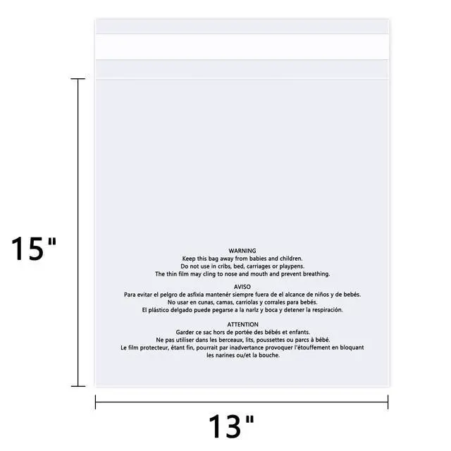 Alt view image 2 of 6 - 13" x 15" (1000 Count) Self Seal Clear Poly Bags with Suffocation Warning for Packaging, Shipping, Clothing, Shirts & FBA - Resealable Adhesive