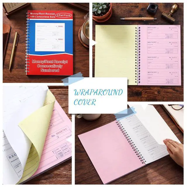 Alt view image 5 of 6 - 15 Pcs 3 Part Carbonless Money and Rent Receipt Book with Carbon Copies, Spiral Bound, 100 Sets Per Book, 4 Receipts Per Page, for Landlords & Small Business (7-5/8" X 10-7/8")