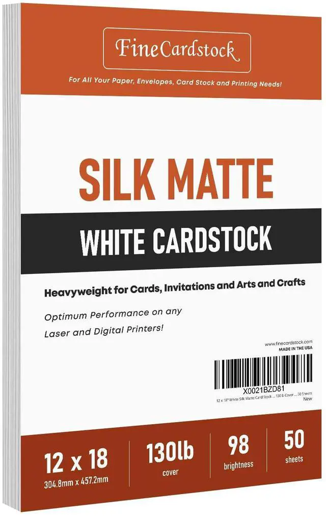 Main image of 12 x 18" White Silk Matte Card Stock Extra Thick Heavy 130lb Cover (350gsm) Cardstock Great for Invitations, Greeting Cards, Scrapbooking, Crafts 50 Sheets per Pack (Not for Inkjet Printer)