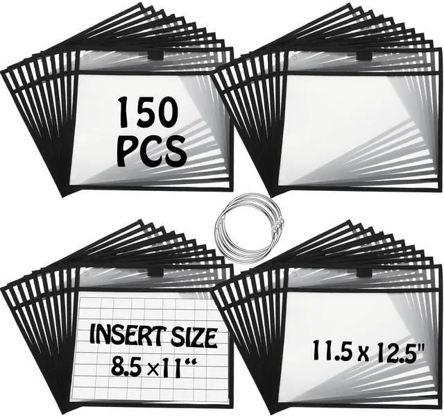 Main image of 150 Pcs Dry Erase Pockets Bulk Reusable Job Ticket Holders Clear Plastic Sleeve Protector Work Order Sleeve Shop Ticket Holder for Teacher Week Gift Office Supply(11.5 x 12.5'',Black)