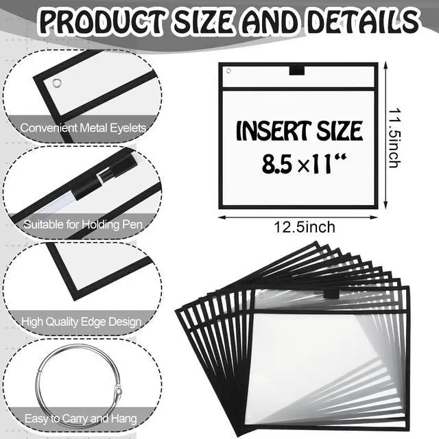 Alt view image 2 of 6 - 150 Pcs Dry Erase Pockets Bulk Reusable Job Ticket Holders Clear Plastic Sleeve Protector Work Order Sleeve Shop Ticket Holder for Teacher Week Gift Office Supply(11.5 x 12.5'',Black)