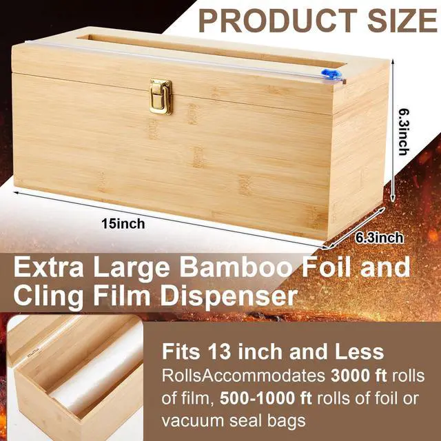 Alt view image 2 of 6 - 2 Pack 12" x 3000ft Large Plastic Wrap Dispenser with Cutter Roller Commercial Bamboo Holder for 3000ft Film 1000ft Aluminum Foil Non Slip Pad Fit Big Saran Wrap Restaurant Kitchen