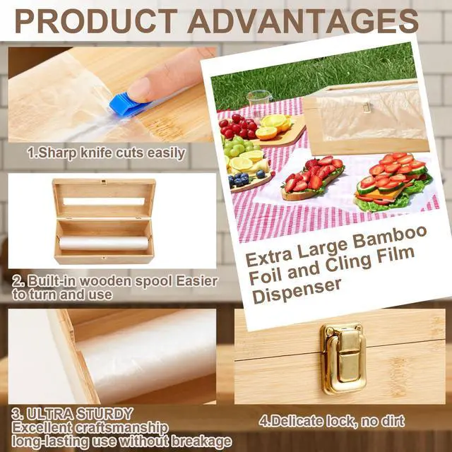 Alt view image 3 of 6 - 2 Pack 12" x 3000ft Large Plastic Wrap Dispenser with Cutter Roller Commercial Bamboo Holder for 3000ft Film 1000ft Aluminum Foil Non Slip Pad Fit Big Saran Wrap Restaurant Kitchen