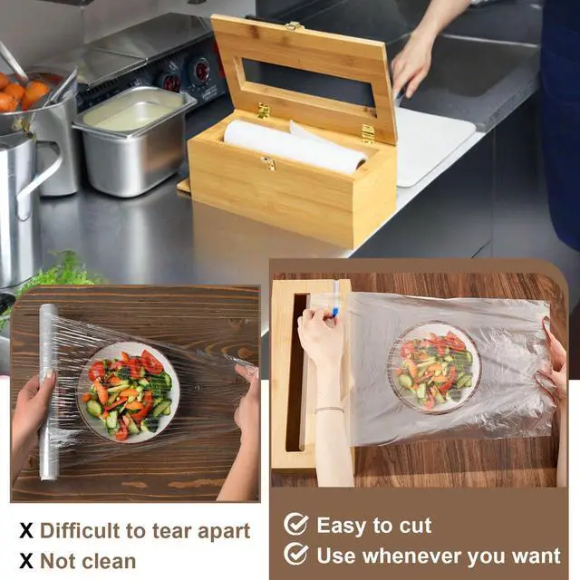 Alt view image 5 of 6 - 2 Pack 12" x 3000ft Large Plastic Wrap Dispenser with Cutter Roller Commercial Bamboo Holder for 3000ft Film 1000ft Aluminum Foil Non Slip Pad Fit Big Saran Wrap Restaurant Kitchen