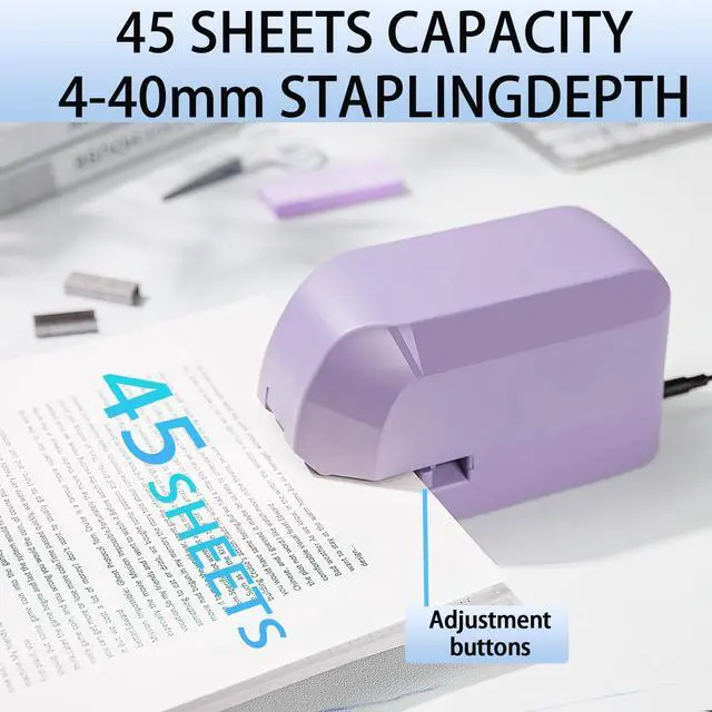 Alt view image 2 of 6 - Electric Stapler for Desk, 45 Sheet Capacity Automatic Stapler Desktop, Office Staplers Electric, AC Operated Staplers Heavy Duty Office Use with 1,000 Staples & Staple Remover, Purple
