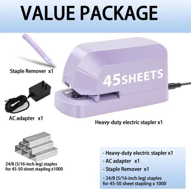 Alt view image 4 of 6 - Electric Stapler for Desk, 45 Sheet Capacity Automatic Stapler Desktop, Office Staplers Electric, AC Operated Staplers Heavy Duty Office Use with 1,000 Staples & Staple Remover, Purple