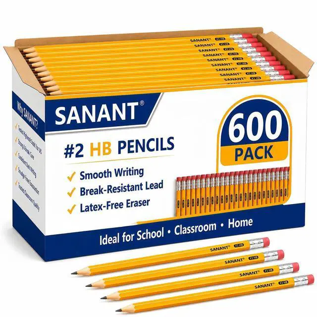 Main image of Wood-Cased #2 HB Yellow Pre-Sharpened Pencils with Top Erasers 600 Pack | Pre-Sharpened, HB Lead, Drawing and Sketching, Bulk Yellow Pencils for Classroom School Teacher Supplies, Back to School