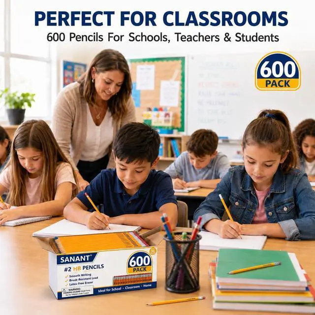 Alt view image 6 of 6 - Wood-Cased #2 HB Yellow Pre-Sharpened Pencils with Top Erasers 600 Pack | Pre-Sharpened, HB Lead, Drawing and Sketching, Bulk Yellow Pencils for Classroom School Teacher Supplies, Back to School