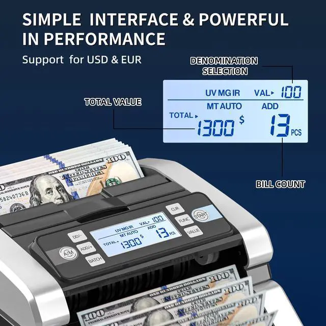 Alt view image 2 of 6 - Money Counter Machine with Value Count, UV/MG/IR/MT/DD Counterfeit Bill Detection, Dollar Euro Cash Counter with Count/Add/Batch/Auto Modes, External LCD Display