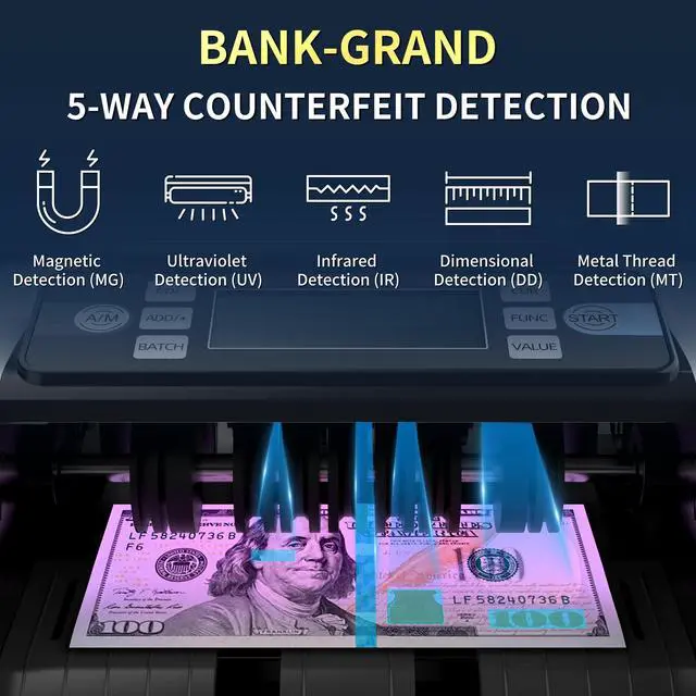 Alt view image 4 of 6 - Money Counter Machine with Value Count, UV/MG/IR/MT/DD Counterfeit Bill Detection, Dollar Euro Cash Counter with Count/Add/Batch/Auto Modes, External LCD Display