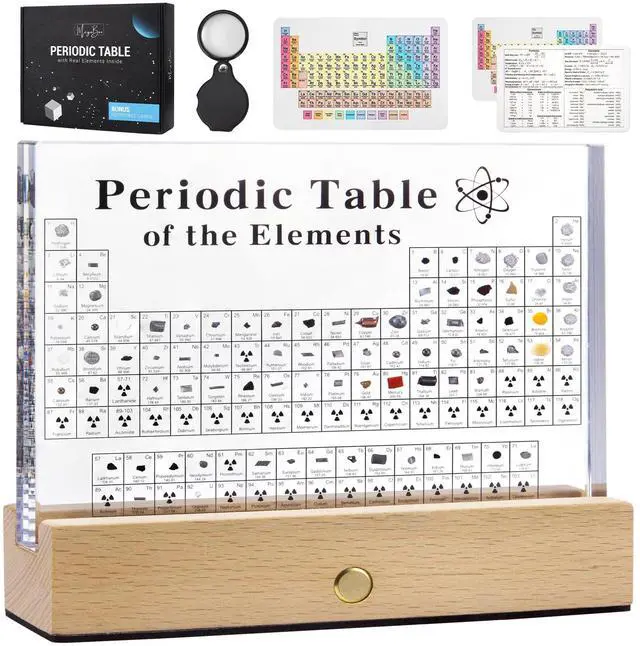 Main image of Large Periodic Table Of Elements with 83 Real Elements, Acrylic Periodic Table Display With Wooden Stand, 6x Chemistry Formula Reference Cards, Science Teacher Gift Classroom (Large (8.0 x 6.5 in))