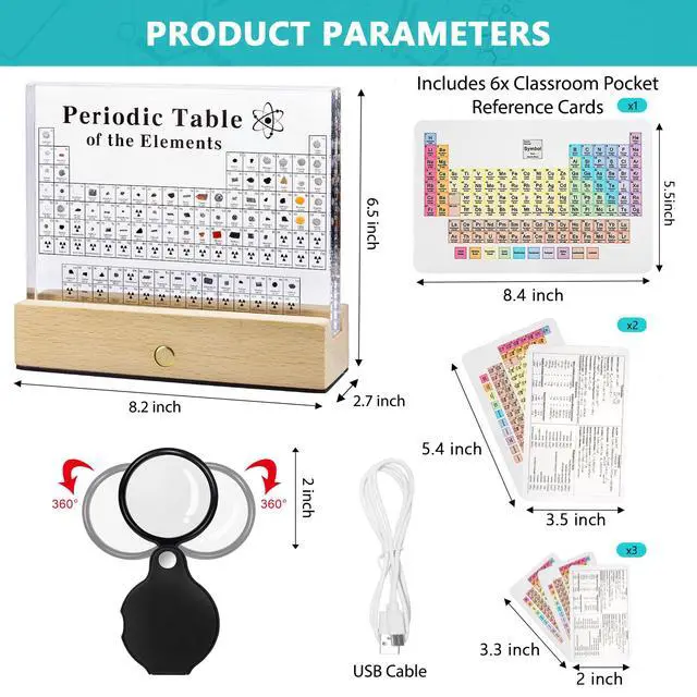Alt view image 2 of 6 - Large Periodic Table Of Elements with 83 Real Elements, Acrylic Periodic Table Display With Wooden Stand, 6x Chemistry Formula Reference Cards, Science Teacher Gift Classroom (Large (8.0 x 6.5 in))