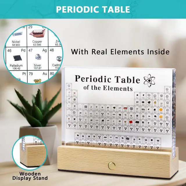 Alt view image 3 of 6 - Large Periodic Table Of Elements with 83 Real Elements, Acrylic Periodic Table Display With Wooden Stand, 6x Chemistry Formula Reference Cards, Science Teacher Gift Classroom (Large (8.0 x 6.5 in))