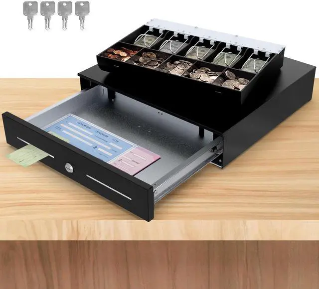 Main image of 18" Cash Rigister Drawer High Capacity- Removable 5Bill/5Coin Insert Tray, Auto Electronic Open, RJ11/12 Cable, 24V, Key Lock, Double Media Slots Cash Box