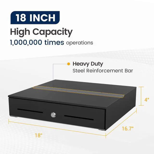 Alt view image 3 of 6 - 18" Cash Rigister Drawer High Capacity- Removable 5Bill/5Coin Insert Tray, Auto Electronic Open, RJ11/12 Cable, 24V, Key Lock, Double Media Slots Cash Box