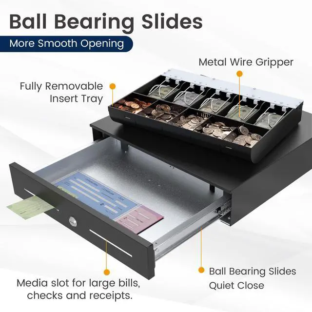 Alt view image 4 of 6 - 18" Cash Rigister Drawer High Capacity- Removable 5Bill/5Coin Insert Tray, Auto Electronic Open, RJ11/12 Cable, 24V, Key Lock, Double Media Slots Cash Box