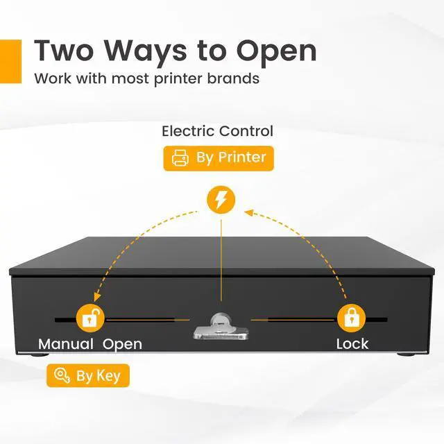 Alt view image 5 of 6 - 18" Cash Rigister Drawer High Capacity- Removable 5Bill/5Coin Insert Tray, Auto Electronic Open, RJ11/12 Cable, 24V, Key Lock, Double Media Slots Cash Box