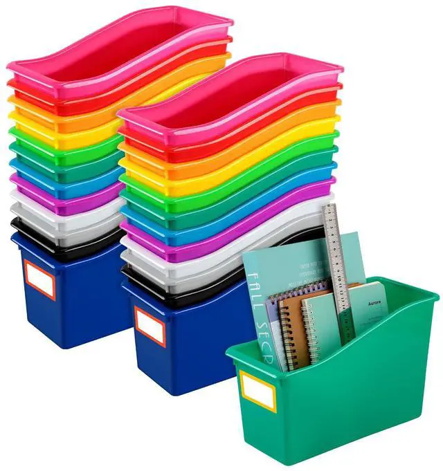 Main image of 24 Pack Multicolor Book Bins for Classroom Decor Bulk Plastic Bins with Name Labels Assorted Color Organization Book Bin Baskets Teacher Storage Boxes for Classroom Office