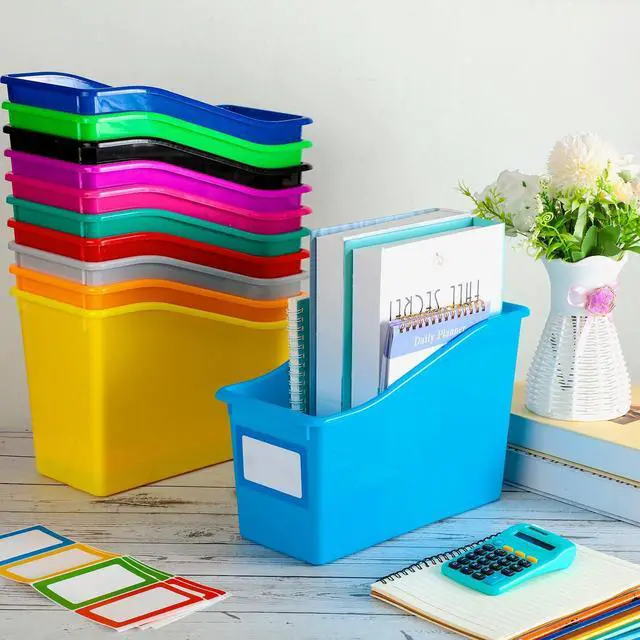 Alt view image 4 of 6 - 24 Pack Multicolor Book Bins for Classroom Decor Bulk Plastic Bins with Name Labels Assorted Color Organization Book Bin Baskets Teacher Storage Boxes for Classroom Office