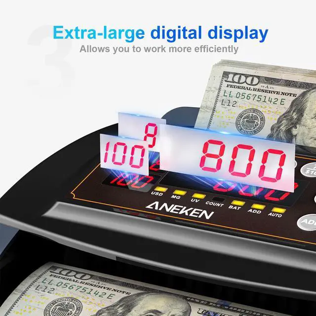 Alt view image 3 of 6 - Money Counter for USD & EUR with Value Counting, UV/MG/IR/MT/DD | External LCD Display, Count, Add, Batch, Auto & Manual Modes, 1,300 Bills/Min,Ideal for Small Business & Office, Black