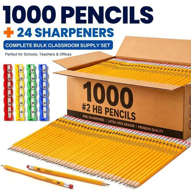 Alt view image 5 of 6 - Wood-Cased #2 HB Pencils Bulk Pack 1000 Pencils Pre-Sharpened 24 Sharpeners | Pencils Bulk, Classroom Use, Back to School Supplies, Writing Drawing Sketching, Yellow #2 HB Pencils with Erasers in Box