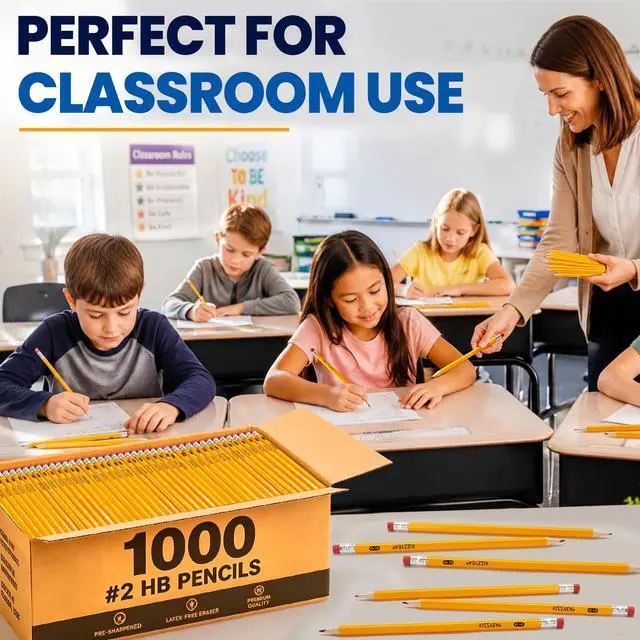 Alt view image 6 of 6 - Wood-Cased #2 HB Pencils Bulk Pack 1000 Pencils Pre-Sharpened 24 Sharpeners | Pencils Bulk, Classroom Use, Back to School Supplies, Writing Drawing Sketching, Yellow #2 HB Pencils with Erasers in Box