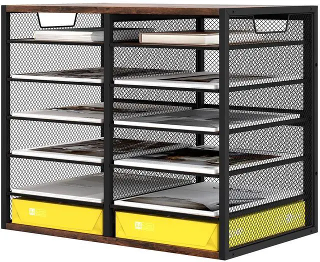 Main image of 12 Compartments Desktop Literature Organizer, Metal Frame Paper Sorter with Handles, Adjustable Mailbox for Classroom and Office, Desk File Organizer for Document, Bill, Magazine, Antique Brown
