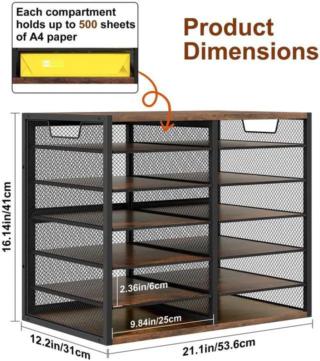 Alt view image 2 of 6 - 12 Compartments Desktop Literature Organizer, Metal Frame Paper Sorter with Handles, Adjustable Mailbox for Classroom and Office, Desk File Organizer for Document, Bill, Magazine, Antique Brown