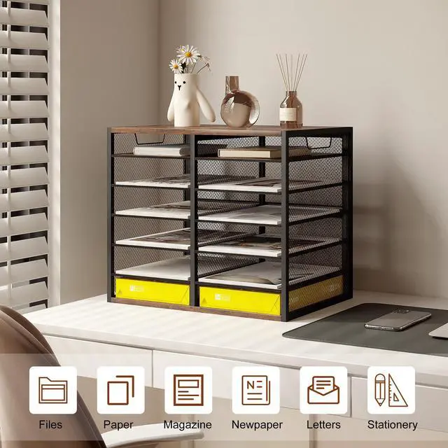 Alt view image 3 of 6 - 12 Compartments Desktop Literature Organizer, Metal Frame Paper Sorter with Handles, Adjustable Mailbox for Classroom and Office, Desk File Organizer for Document, Bill, Magazine, Antique Brown