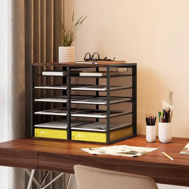 Alt view image 6 of 6 - 12 Compartments Desktop Literature Organizer, Metal Frame Paper Sorter with Handles, Adjustable Mailbox for Classroom and Office, Desk File Organizer for Document, Bill, Magazine, Antique Brown