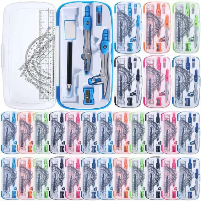 Main image of 24 Sets Math Geometry Kit Student 10 Pcs Shatterproof Storage Box Includes Compass, Rulers, Protractor, Eraser, Pencil Sharpener, Lead Refills, Pencil for Back to School Students Class Teacher