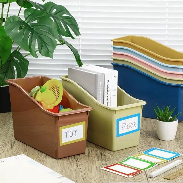 Alt view image 4 of 6 - 24 Pack Boho Neutral Book Bins for Classroom Decor Bulk Plastic Bins with Name Labels Assorted Color Organization Book Bin Baskets Teacher Storage Boxes for Classroom Office
