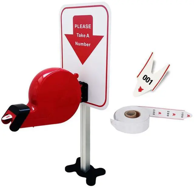 Main image of 3-Digit Turn Ticket Dispenser (Red) with Stand, Sign and Ticket Roll for Waiting Line Queue Number Machine for Pickup/Order/Deli Counter, Service Window & Reception Desk