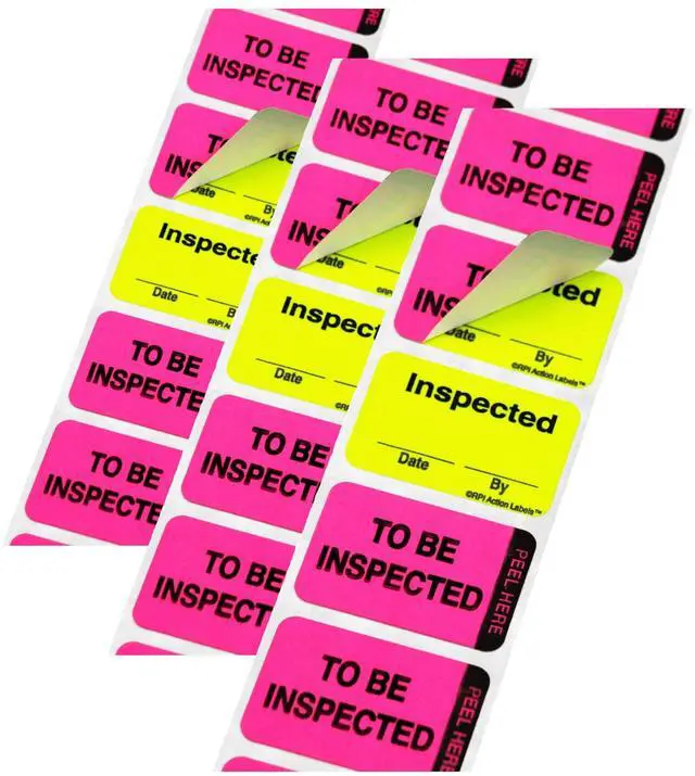 Main image of 1 x 1.50 Inch Fluorescent Pink and Yellow Double Layer Quality Control Label, Imprinted: to Be Inspected, Inspected, 250 per Dispenser Box (Pack of 3)