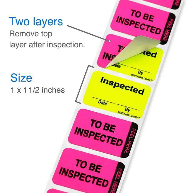 Alt view image 3 of 6 - 1 x 1.50 Inch Fluorescent Pink and Yellow Double Layer Quality Control Label, Imprinted: to Be Inspected, Inspected, 250 per Dispenser Box (Pack of 3)